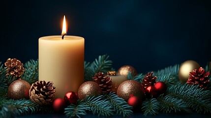 Lit candle with Christmas ornaments and pine.