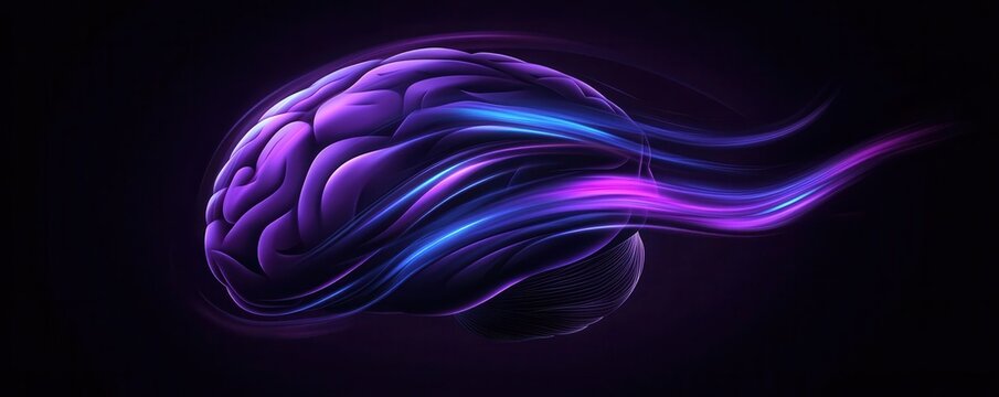 A vibrant, abstract depiction of a brain with flowing, colorful lines representing thoughts and creativity against a dark background.