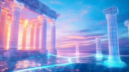 Obraz premium futuristic wireframe temple, sunset sea - digital art/3d renders
