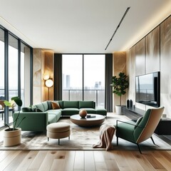 Modern apartment interior, floor-to-ceiling windows, city view, green velvet sectional sofa, wooden accent wall, minimalist design, hanging pendant light, large flat-screen TV, indoor plant, cozy thro