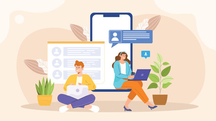 Obraz premium An illustration depicting digital messaging and social interaction, with people exchanging messages through chat bubbles, emojis, and social media icons