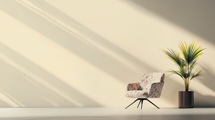 Bright and airy interior design featuring a floral accent chair and a potted plant with long shadows on a minimalist wall