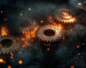 Industrial gears grinding to a halt with smoke and sparks, raw depiction of economic breakdown