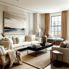 Elegant living room interior, neutral color palette, beige sofa, large abstract landscape painting, floor-to-ceiling windows, warm lighting, textured area rug, modern coffee table, decorative vase wit