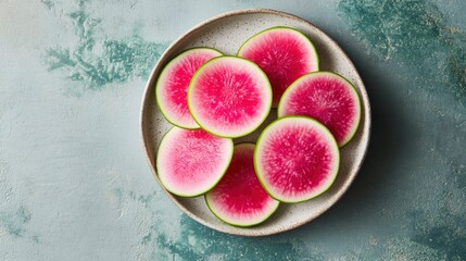 Freshly sliced watermelon radishes arranged beautifully on a rustic plate against a textured background