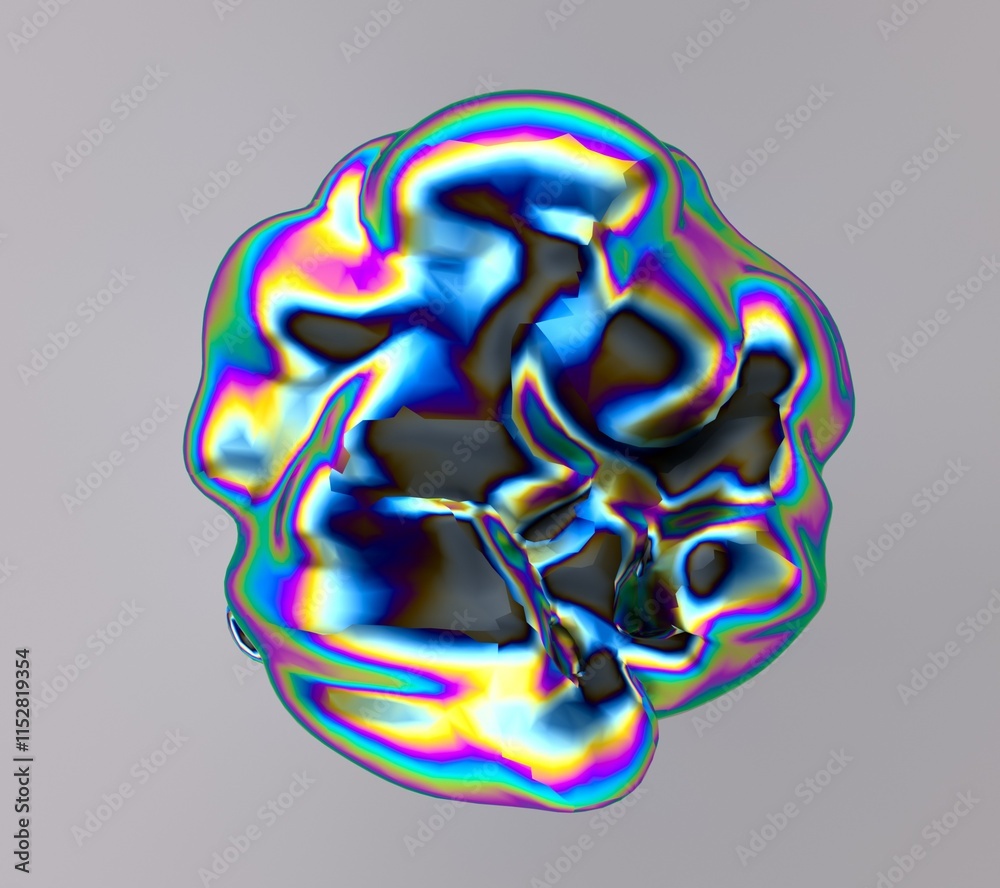 Poster Holographic glossy sphere with ripples and distortions on the surface with rainbow iridescences. Abstract 3D illustration of futuristic glitchy blob.