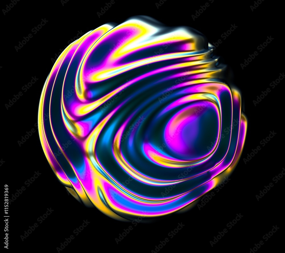 Poster Holographic glossy sphere with ripples and distortions on the surface with rainbow iridescences. Abstract 3D illustration of futuristic glitchy blob.