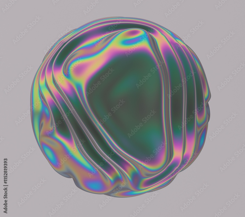 Poster Holographic glossy sphere with ripples and distortions on the surface with rainbow iridescences. Abstract 3D illustration of futuristic glitchy blob.