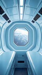 Obraz premium White blue spaceship futuristic interior with window view on planet Earth 3d rendering, realistic