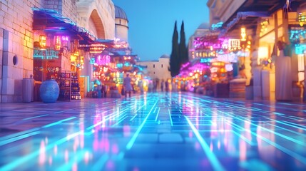 Naklejka premium neon city street, futuristic night market - cyberpunk