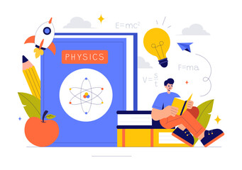 Physics Learning Vector Illustration featuring Students Exploring Electricity, Magnetism, Light Waves and Forces of Science and Technology Exploration