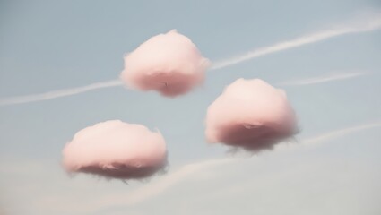 Fototapeta premium Three Pink Clouds Float Gently Across A Pale Blue Sky