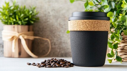 Stylish reusable coffee cup with cork sleeve beside fresh coffee beans and greenery in a cozy setting