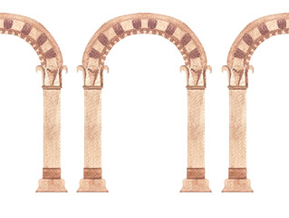 Obraz premium Stone greek ancient classic arch seamless border isolated on white. High quality architecture watercolor illustration for cards, posters, tape, decor and design. Decorative residence image in beige