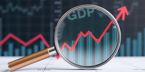 Close-up of a magnifying glass examining a GDP label next to a descending chart, symbolizing deteriorating economic indicators and analysis, analysis, GDP
