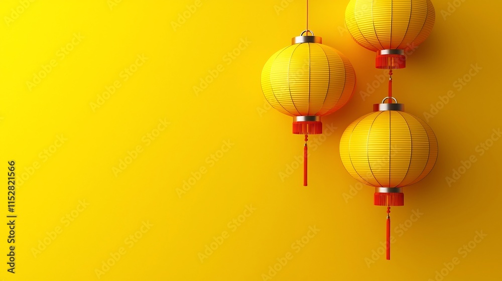 Poster minimal and clean 3d of traditional chinese new year hanging paper lanterns in red color with empty 