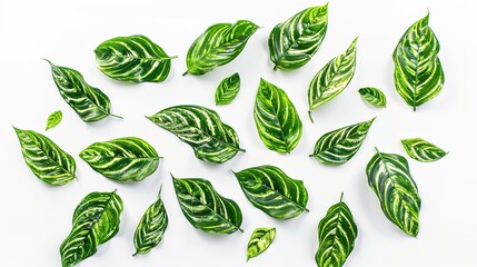 Tropical plant leaves lying gracefully on a clean white background. Showcasing the unique shapes and vibrant green hues of these tropical plant leaves, presenting their natural beauty vividly, which c
