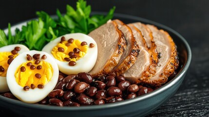A vibrant bowl featuring sliced meat, soft-boiled eggs, black beans, and fresh greens, creating a delicious and nutritious meal.