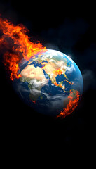 Planet earth with fires and smoke on the surface. Damaging the environment and whole planet. Global warming, simple style, with white tones