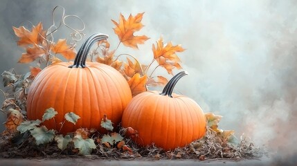 Autumn harvest pumpkins surrounded by colorful leaves nature scene soft focus seasonal beauty