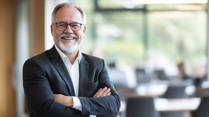Fototapeta premium Cheerful Businessman with Arms Folded in Modern Conference Space
