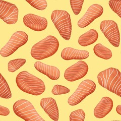 raw salmon seamless pattern on yellow