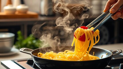 Close up of hands using tongs to stir steaming pasta in a pan on a modern stovetop, creating a warm and inviting kitchen ambiance, pasta, stovetop
