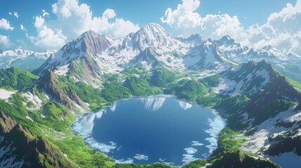 Obraz premium Panoramic view of a serene mountain lake reflecting snow-capped peaks under a bright sky.
