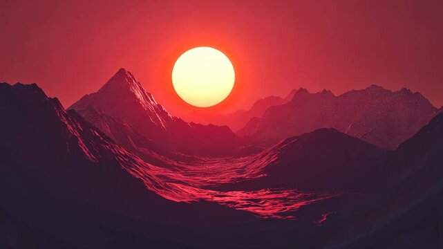 Vibrant sunset casting warm hues over majestic mountains in a serene landscape