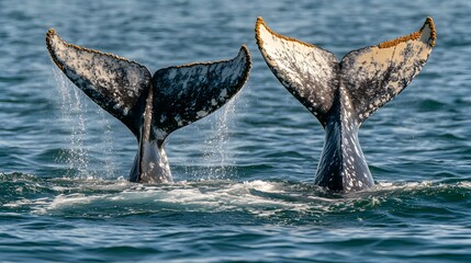 Two gray whales playfully circling near the ocean surface, showcasing marine life and the beauty of the sea.