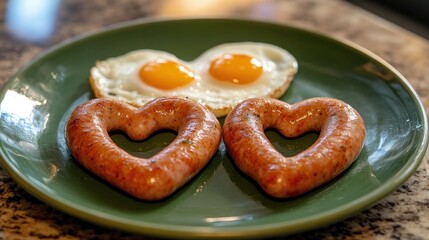 Heart-shaped fried eggs and sausages on a green plate.