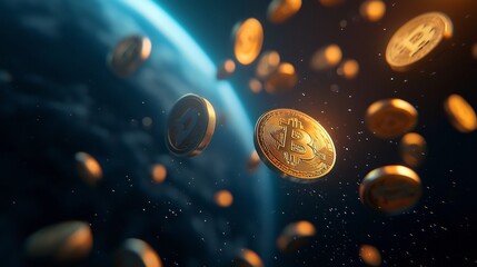 Orbiting Cryptocurrency Symbols Illuminating a Glowing Digital Earth Sphere