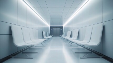 Obraz premium Modern Empty Hospital Corridor with Sleek White Chairs Interior