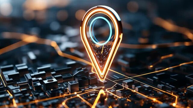 3D map with luminous location pin, dark cityscape background.