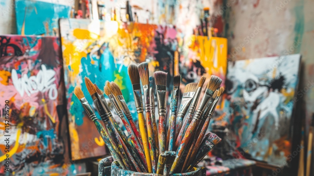 Poster a dynamic painting session in a colorful street art studio, paintbrushes and canvases arranged for u