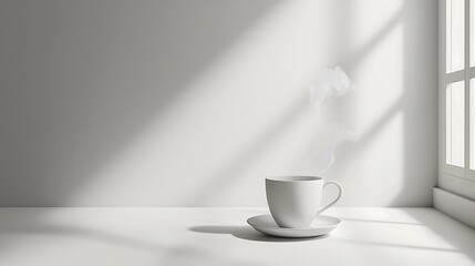 A steaming cup sits on a saucer near a window