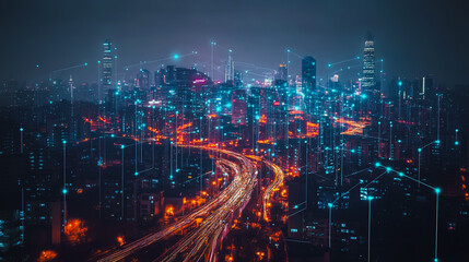 Fototapeta premium Smart digital city with connection cyber security network reciprocity over the cityscape . future smart wireless digital city and social media networking systems that connects people within the city