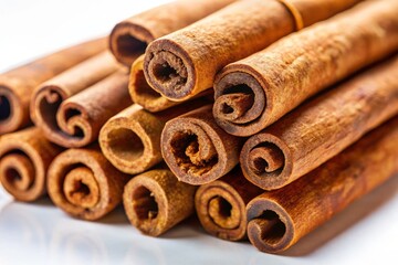 Cinnamon Sticks, Aromatic Spices, Culinary Ingredient, Eye-Level Photo, White Background, Food Photography,  Spice Background, Cooking Ingredient