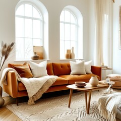 Obraz premium Cozy living room, bright interior, orange velvet sofa, white brick walls, arched windows, natural light, minimalist black coffee table, decorative vase with pampas grass, striped area rug, throw pillo
