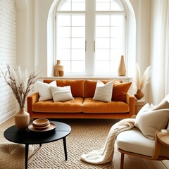 Cozy living room, bright interior, orange velvet sofa, white brick walls, arched windows, natural light, minimalist black coffee table, decorative vase with pampas grass, striped area rug, throw pillo