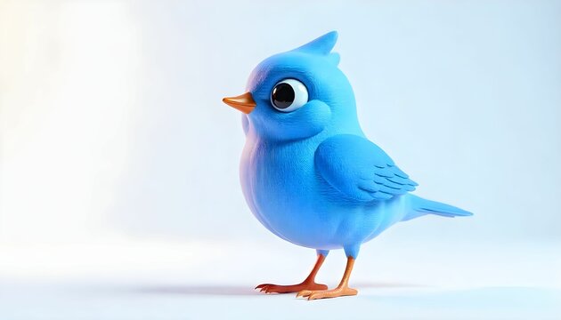 The image is a 3D rendering of a small blue bird with an orange beak and orange feet. The bird is standing on a white background and is facing towards the right side of the image.