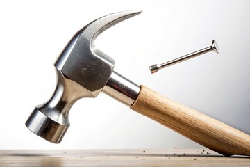 Close Up Claw Hammer Action Shot - Isolated White Background, Striking Nail, Tool, Carpentry, DIY, Hardware