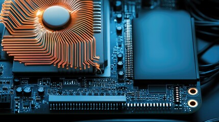 Fototapeta premium A close-up view of a circuit board featuring copper heat sinks and various electronic components, showcasing modern technology.