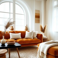 Cozy living room, bright interior, orange velvet sofa, white brick walls, arched windows, natural light, minimalist black coffee table, decorative vase with pampas grass, striped area rug, throw pillo