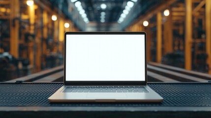 Industry trends future laptop concept. A modern laptop sits on a workbench in a spacious industrial warehouse, featuring a blank screen and a backdrop of shelves.