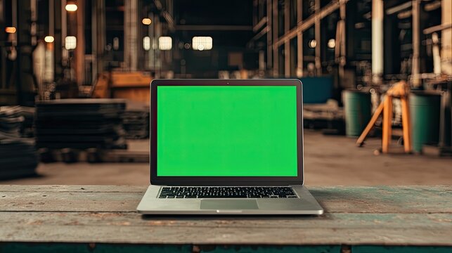 A laptop with a green screen sits on a rustic wooden table in an industrial setting, surrounded by shelves and equipment.
