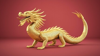 Captivating 3D digital depicting a majestic golden dragon against a vivid textured red background creating a bold and visually striking scene  The dragon s ornate