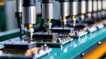 A close-up view of automated machinery assembling electronic components on a production line, showcasing precision technology and industrial efficiency.