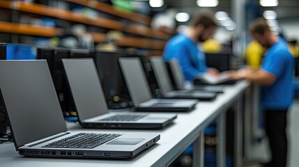 Industry trends future laptop concept. A row of laptops displayed on a table in a warehouse, with technicians working in the background, showcasing a tech-focused environment.