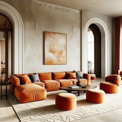 Interior design, modern living room, arched doorways, white brick walls, curved orange modular sofa, abstract artwork, round coffee table, potted plant, natural light, warm tones, minimalist decor, hi